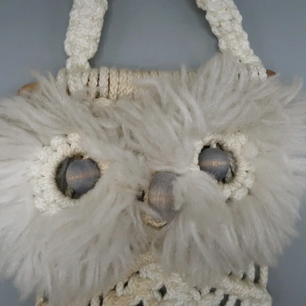 Handmade Macrame White Owl on Wood Branch Wall Hanging 21 inches